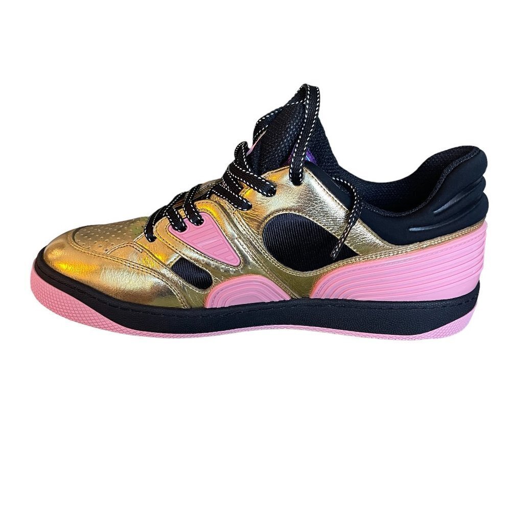 Gucci Women's pink, black Basket Shoes 'Gold Metallic Leather' 725905, Sz. 39.5